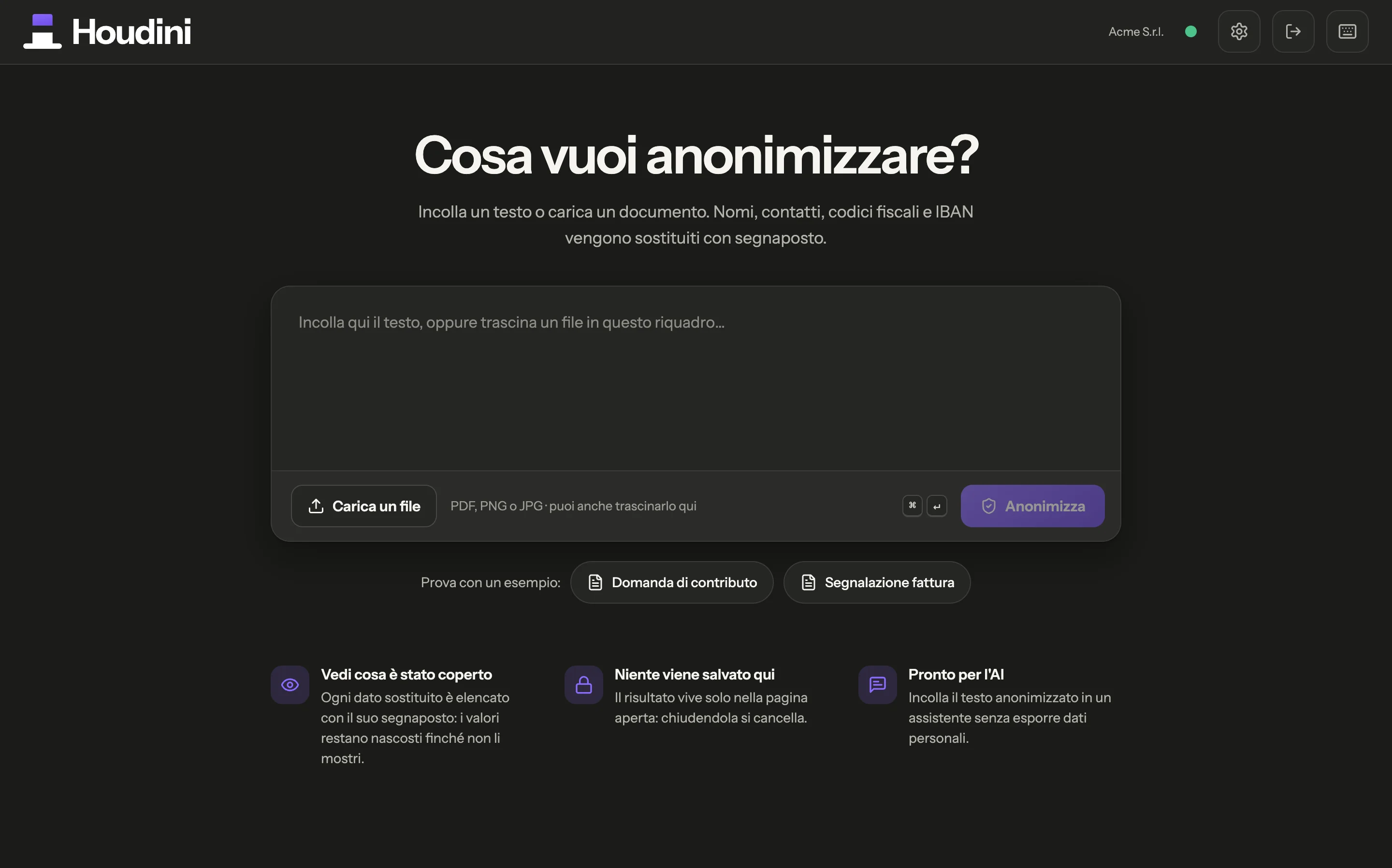 Interfaccia dell’applicazione Houdini per proteggere testi, documenti e immagini prima dell’uso con l’AI